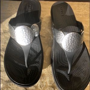 Beautiful, comfortable black with silver accent rubber Croc Sandals